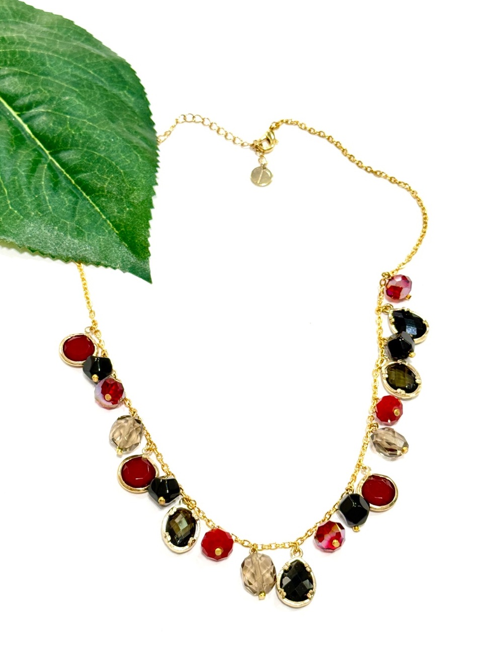 Talbots Gold Tone necklace with Red & Black Beads & Crystals New 18”
